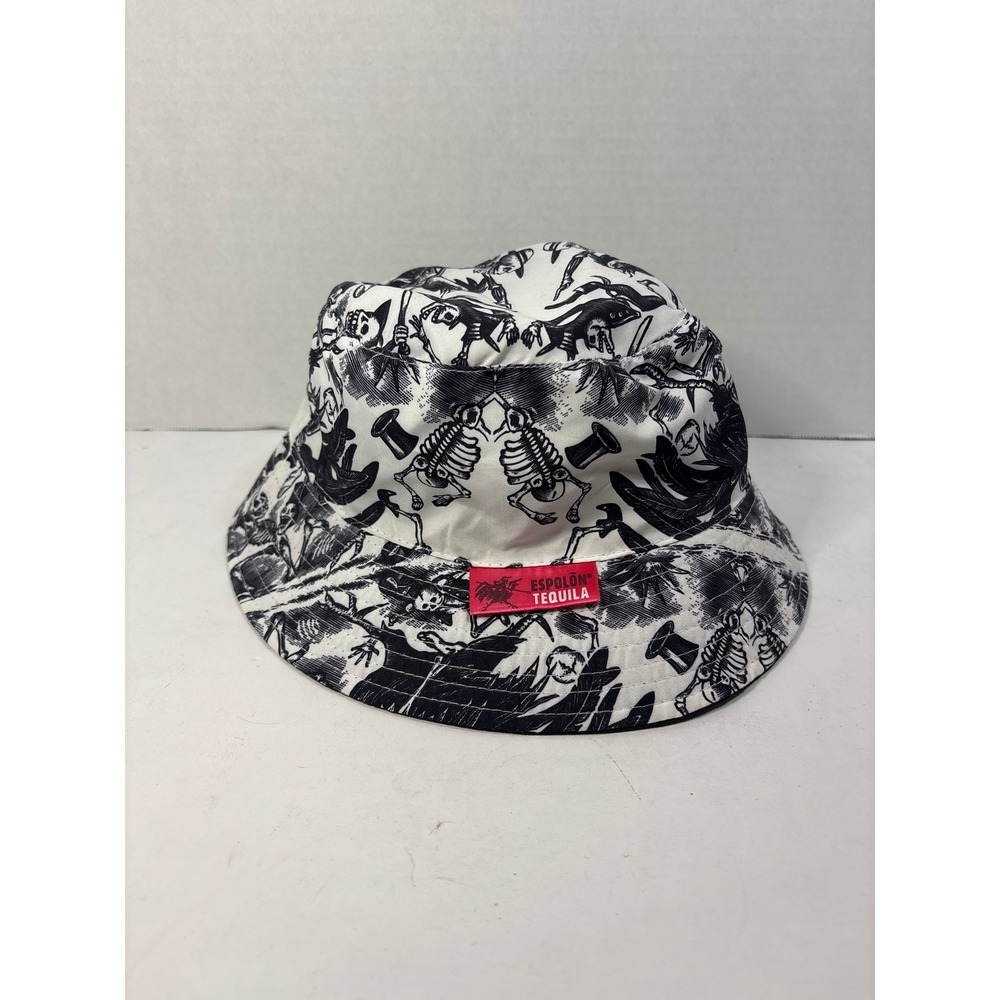 Espolon Tequila Bucket Hat Black White Skeleton Graphic Print Red Logo Patch